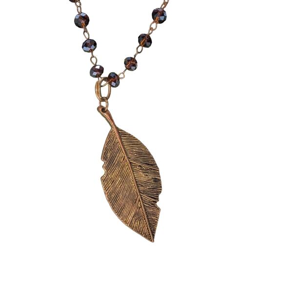 Antiqued Brown Crystal Glass Bead Rosary Chain Bronze Leaf Pendant 36" Necklace - Picture 5 of 5